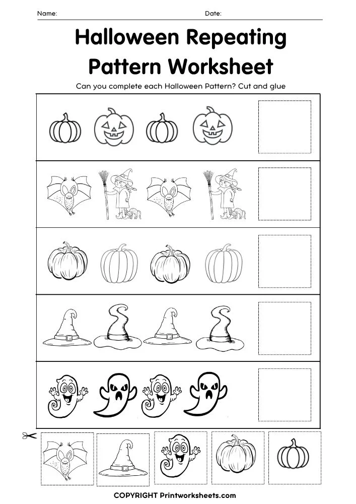 Pattern Worksheets Worksheet - Halloween Repeating Pattern Worksheet – Cut, Glue & Complete the Sequence | Free Printable