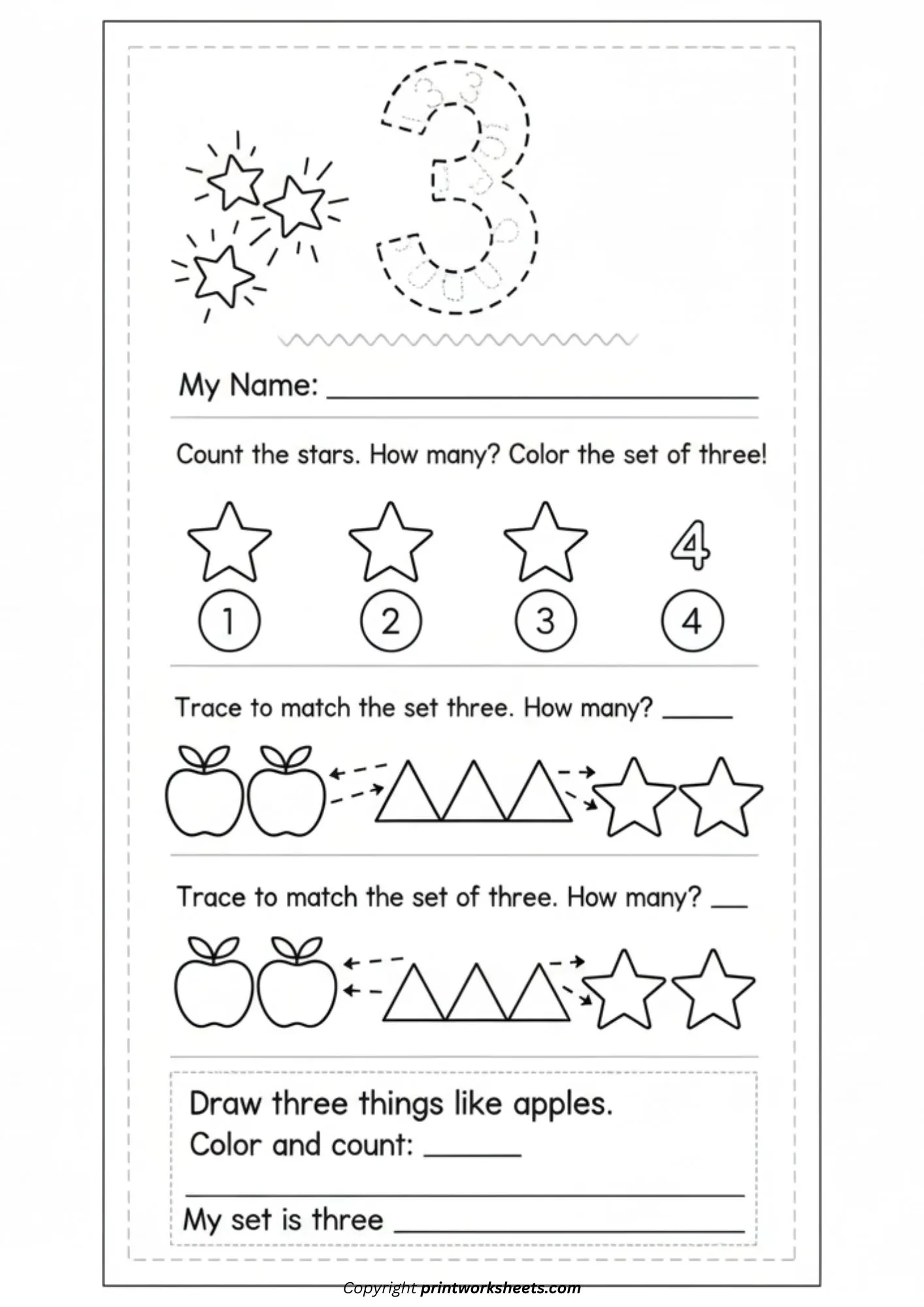 Counting Worksheets Worksheet - Kindergarten Counting Worksheets for Number 3 (Free Printable PDF) | Free Printable