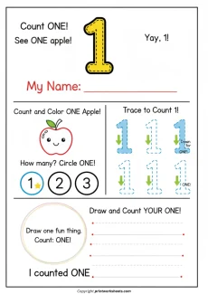 Number Recognition Worksheets Worksheet - Number 1 Worksheets for Kindergarten Counting, Tracing, and Recognition Activities | Free Printable