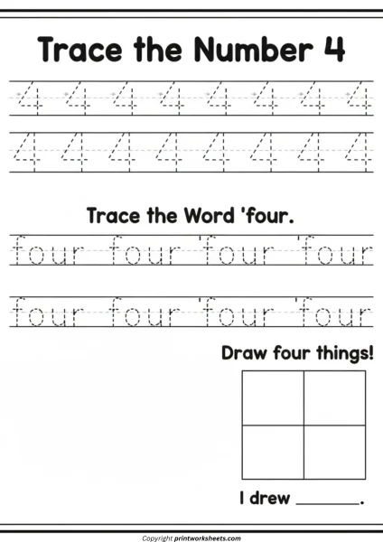 Kindergarten Number 4 Worksheets (Writing & Counting Practice)