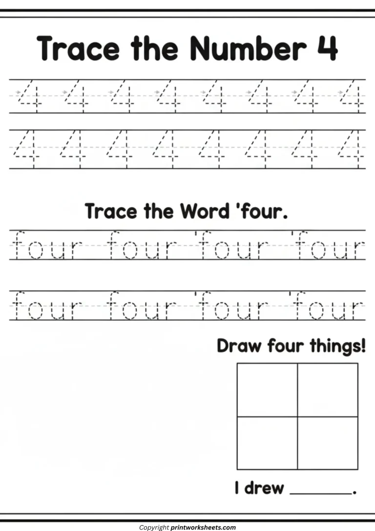 Kindergarten Number 4 Worksheet – Early Writing & Counting Practice Activities Kindergarten number four worksheet