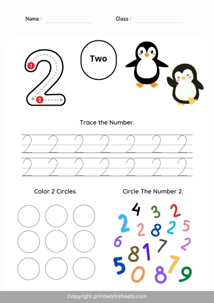 Number 2 Worksheet for Kindergarten – Trace, Color (Free Printable PDF)