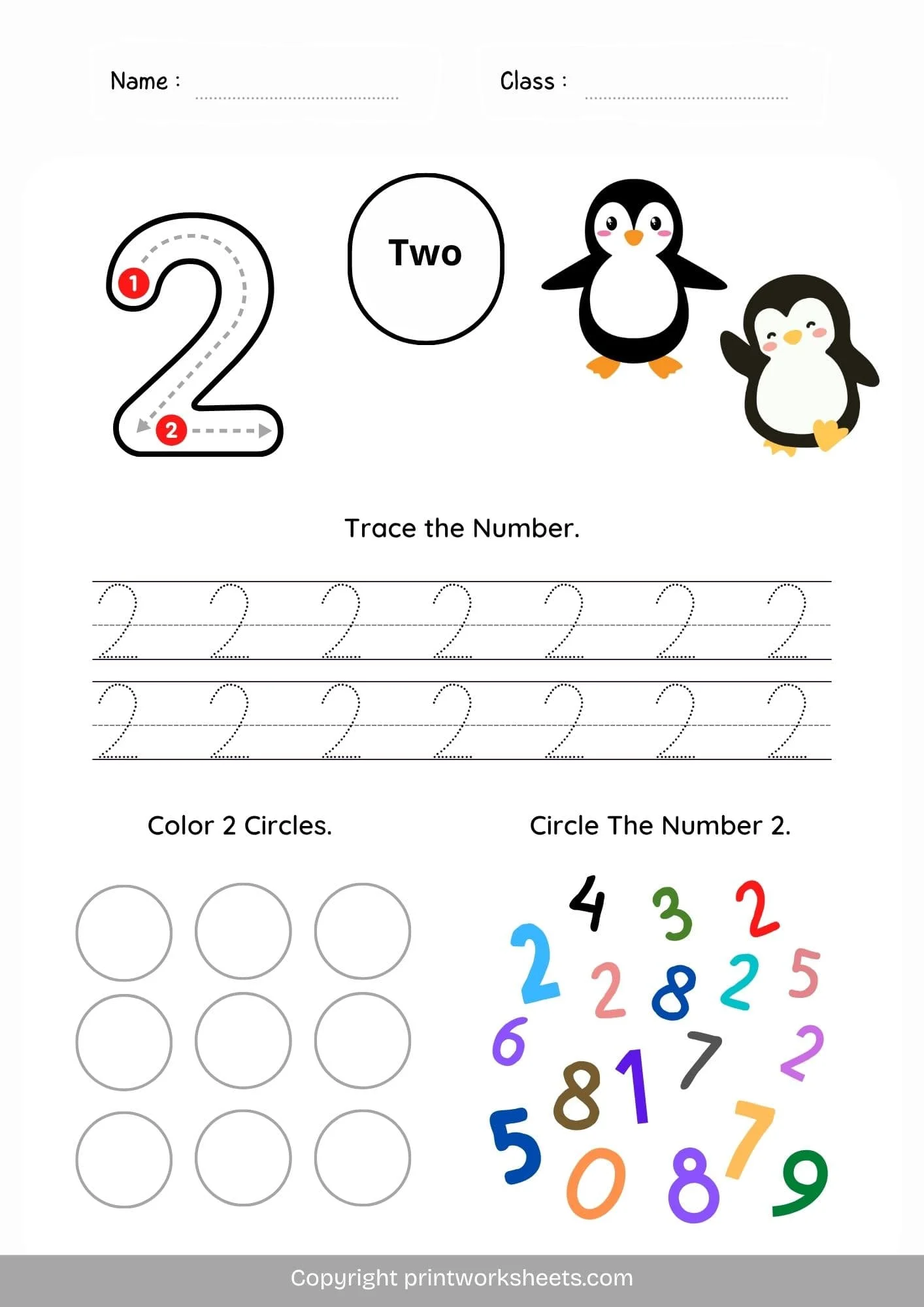 Counting Worksheets Worksheet - Number 2 Worksheet for Kindergarten – Trace, Color (Free Printable PDF) | Free Printable
