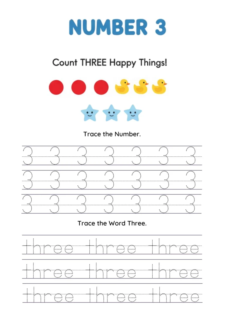 learn number 3 worksheet for kindergarten