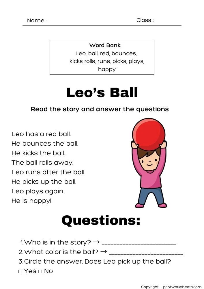 Reading Comprehension Worksheet - Level A Reading Comprehension Worksheets (Leo’s Ball Story PDF) | Free Printable