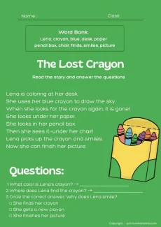Reading Comprehension Worksheet - Level B Reading Comprehension Passages (The Lost Crayon Story PDF) | Free Printable