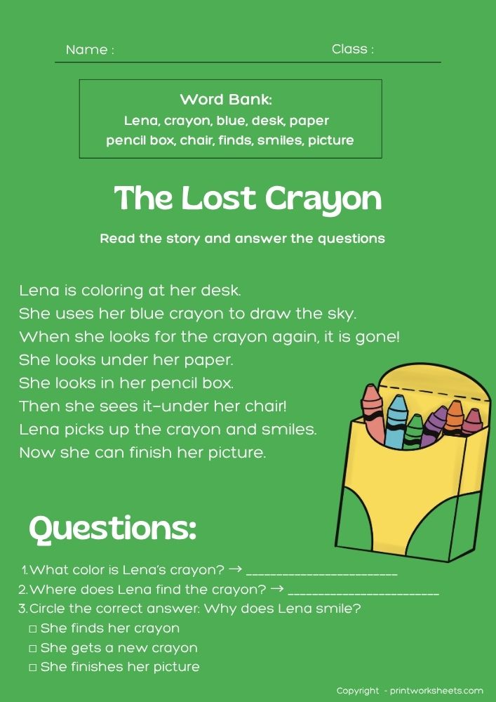 Download Level B Reading Comprehension Passages – The Lost Crayon (Free Printable) - Free Leveled Stories Worksheet Leveled Stories Worksheet - Level B Reading Comprehension Passages – The Lost Crayon (Free Printable) | Free Printable