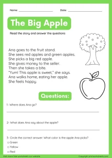Reading Comprehension Worksheet - Level B Reading Worksheets (The Big Apple Story for Kindergarten) | Free Printable