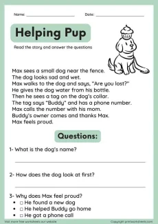 Reading Comprehension Worksheet - Level B Reading Passages with Comprehension Questions – Helping Pup (Free Printable) | Free Printable
