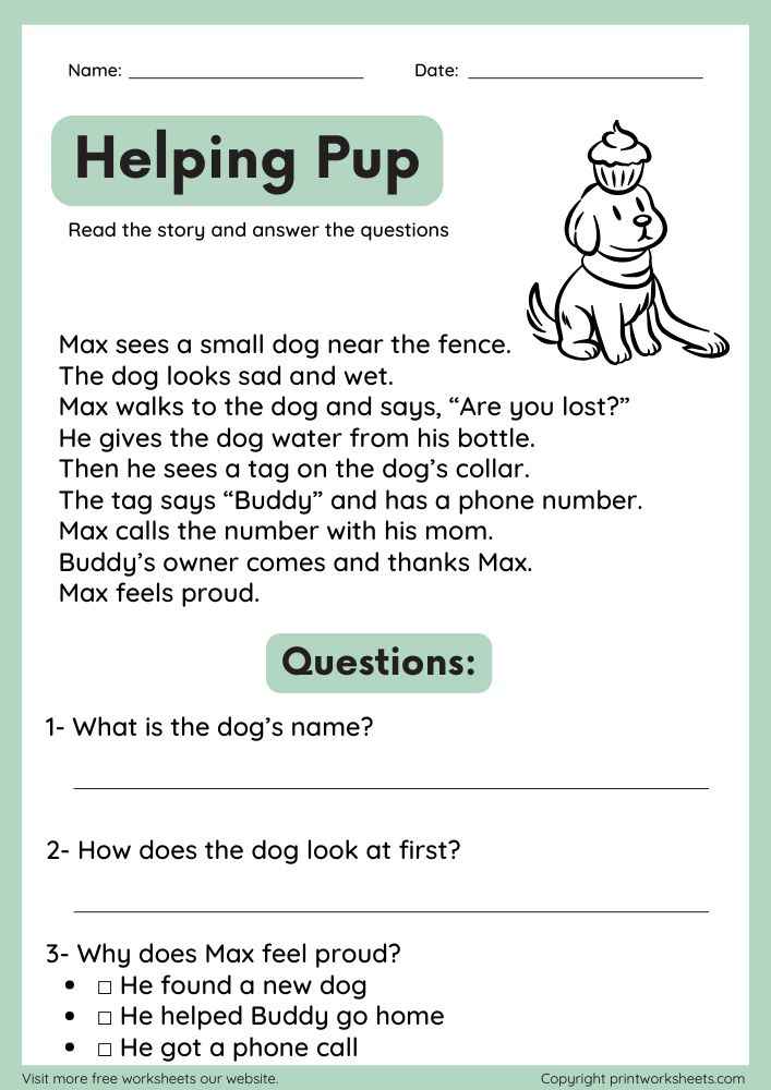 Download Level B Reading Passages with Comprehension Questions – Helping Pup (Free Printable) - Free Leveled Stories Worksheet Leveled Stories Worksheet - Level B Reading Passages with Comprehension Questions – Helping Pup (Free Printable) | Free Printable