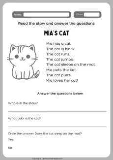 Reading Comprehension Worksheet - Reading Comprehension Worksheet for Beginners– Mia’s Cat (Free Printable) | Free Printable