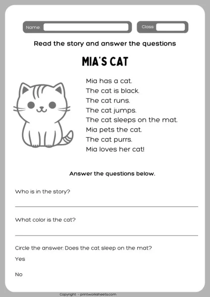 Level A Reading Comprehension Worksheet – Mia’s Cat (Free Printable)
