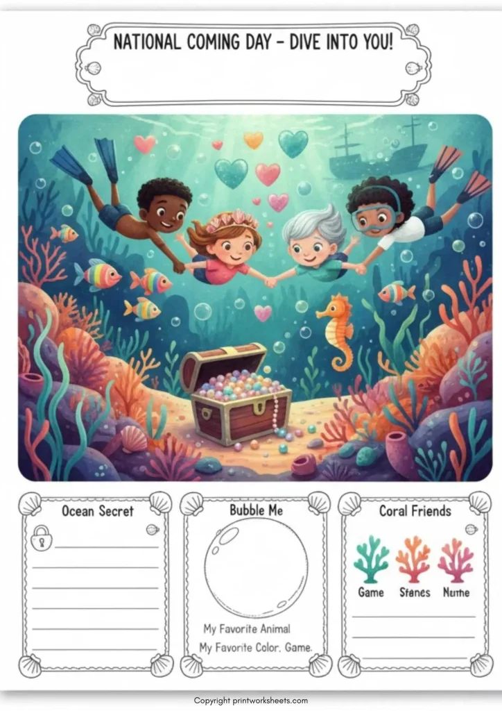 Download Free “Dive Into You!” National Coming Day Worksheet for Kids - Free National Coming Out Day Worksheet National Coming Out Day Worksheet - Free “Dive Into You!” National Coming Day Worksheet for Kids | Free Printable