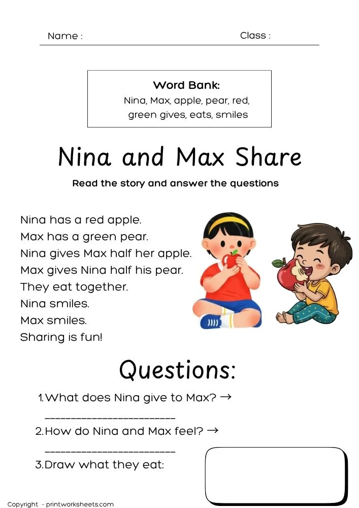 Reading Comprehension Worksheet - Level A Reading Worksheets (Nina and Max Share Story PDF) | Free Printable
