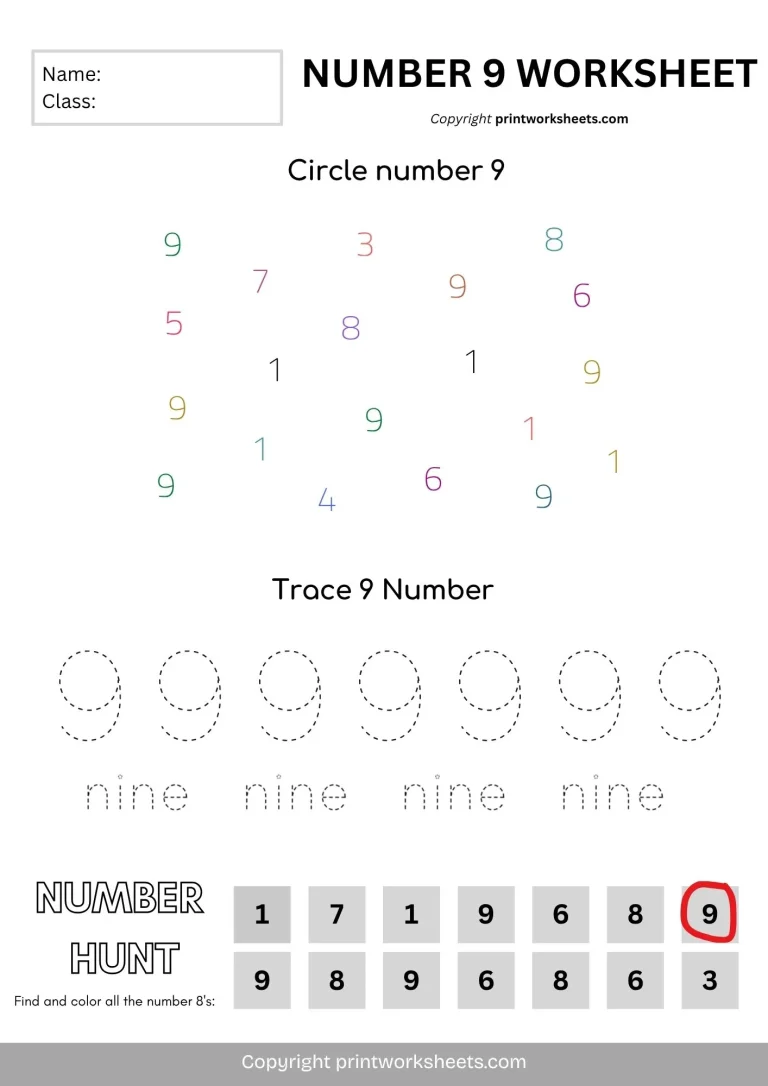 Free printable number 9 worksheet