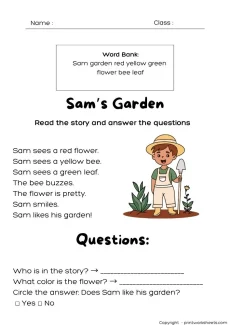 Reading Comprehension Worksheet - Kindergarten Reading Comprehension Worksheet – Sam’s Garden (Free Printable) | Free Printable