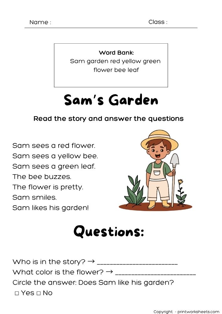 Download Kindergarten Reading Comprehension Worksheet – Sam’s Garden (Free Printable) - Free Leveled Stories Worksheet Leveled Stories Worksheet - Kindergarten Reading Comprehension Worksheet – Sam’s Garden (Free Printable) | Free Printable