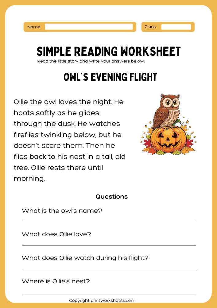 Download Simple Halloween Reading Worksheet – Owl’s Night Flight (Free Printable) - Free Reading Worksheets Worksheet Reading Worksheets Worksheet - Simple Halloween Reading Worksheet – Owl’s Night Flight (Free Printable) | Free Printable