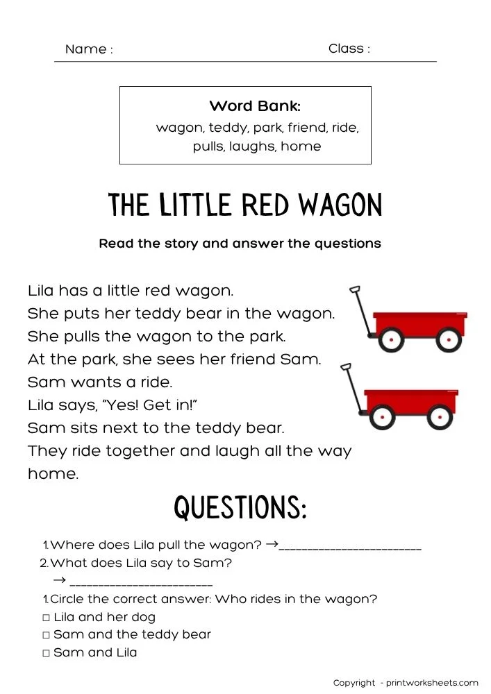 Reading Comprehension Worksheet - Level B Reading Worksheets (The Little Red Wagon Story PDF) | Free Printable