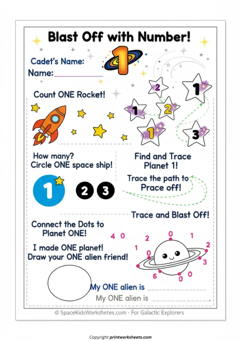 The Number 1 (One) Worksheet for Kindergarten | Free Printable Kindergarten number one worksheet