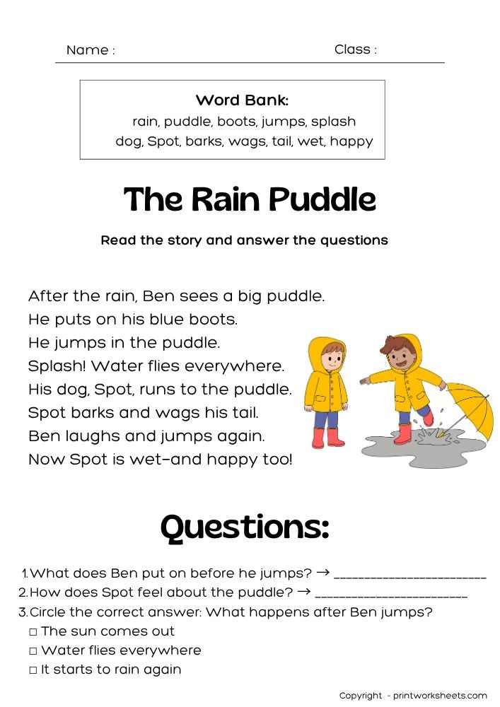Download Level B Reading Comprehension Worksheet – The Rain Puddle (Free Printable) - Free Leveled Stories Worksheet Leveled Stories Worksheet - Level B Reading Comprehension Worksheet – The Rain Puddle (Free Printable) | Free Printable
