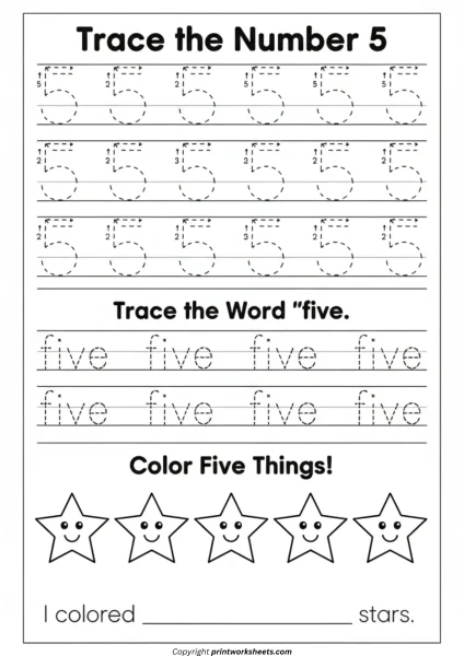 Preschool Trace and Color Number 5 Worksheets (Free PDF)