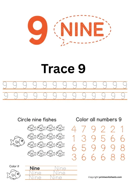 Number 9 Tracing, Coloring, Learn Number 9 Worksheet