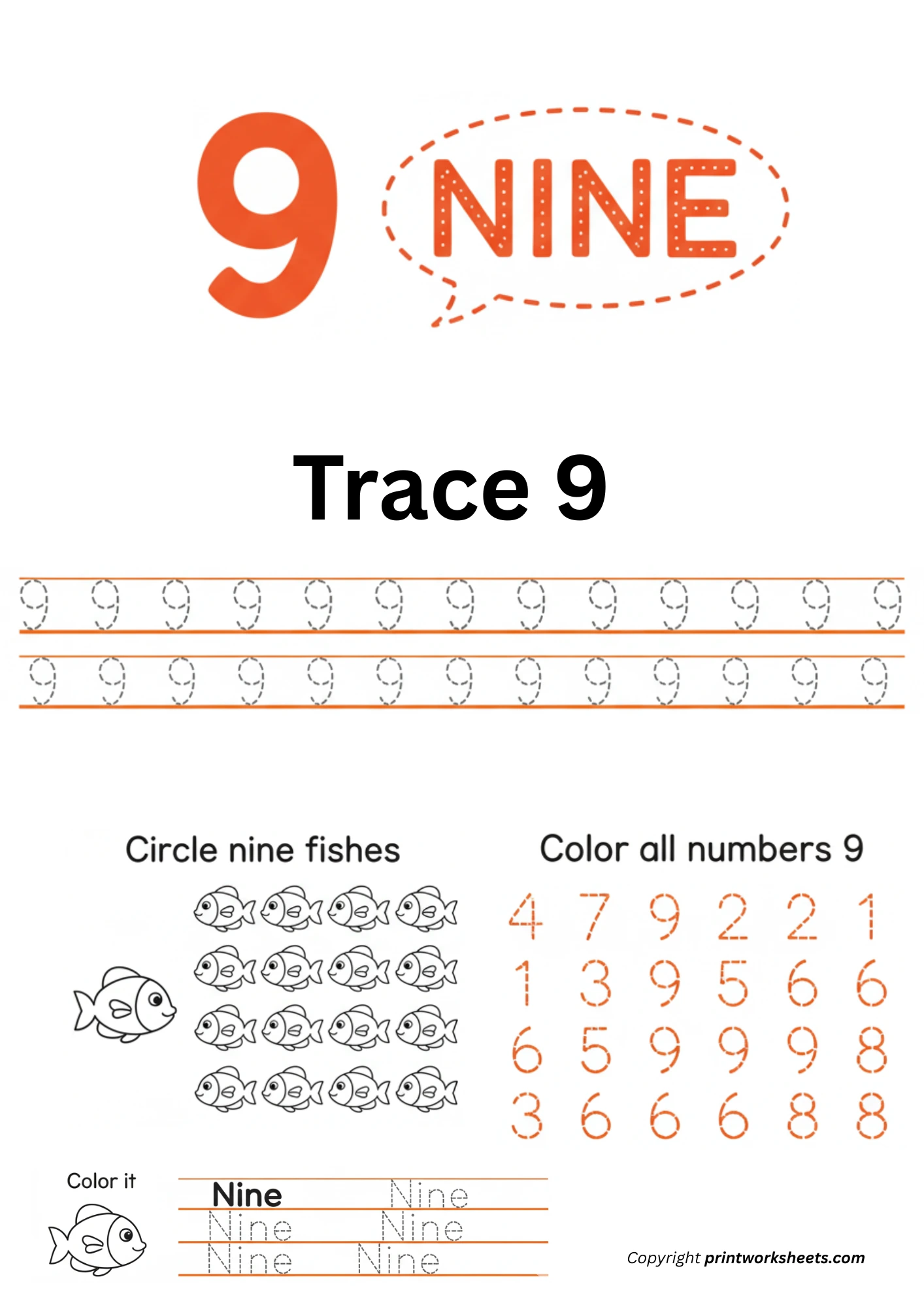Number Tracing Worksheets Worksheet - Number 9 Tracing, Coloring, Learn Number 9 Worksheet | Free Printable
