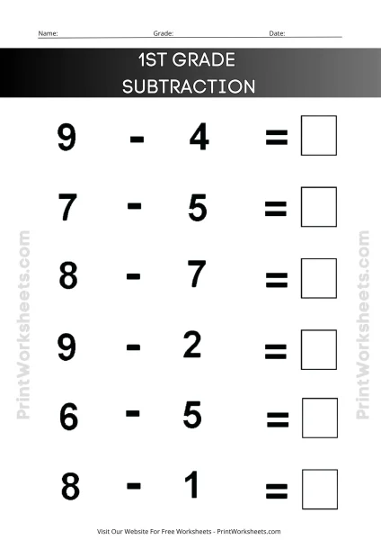 1st Grade Subtraction Worksheets (Simple Math Facts Free PDF)