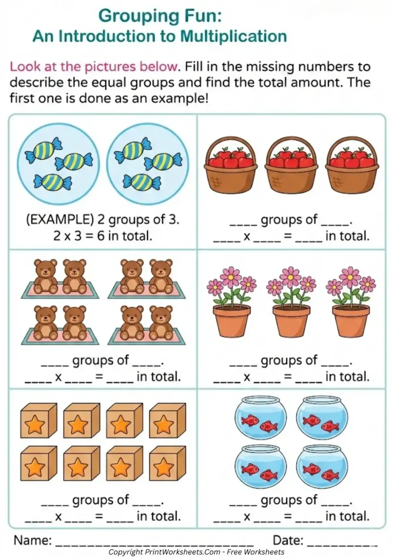 Equal Groups Multiplication Worksheets_PrintWorksheets.Com Equal groups multiplication worksheet with candy and baskets for grade 2