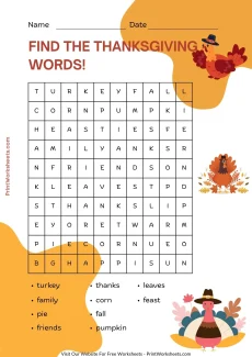 Thanksgiving Worksheets Worksheet - Easy Thanksgiving Word Search for Kids Free PDF – Simple 10×10 Grid for Kids | Free Printable
