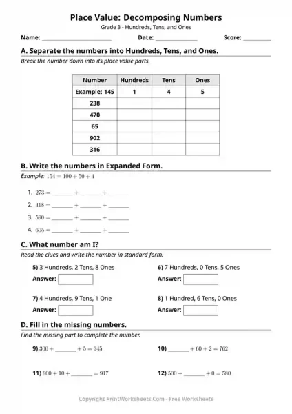 3rd Grade Place Value Worksheets (Free Printable PDF)