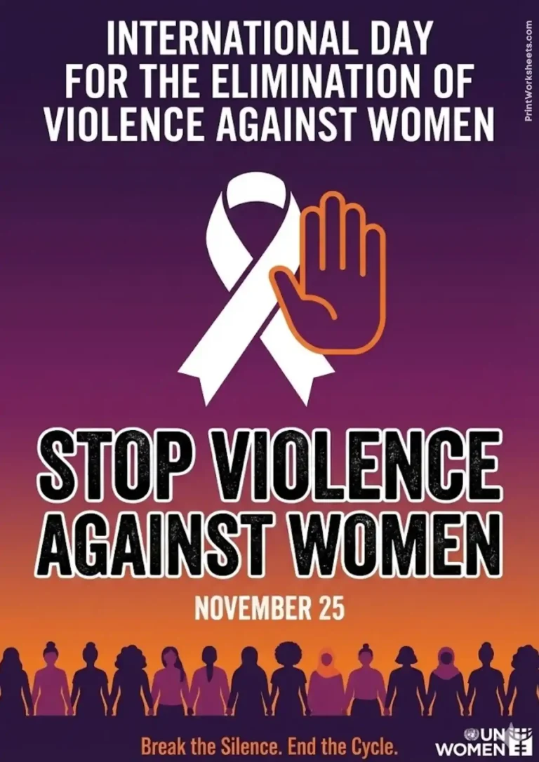 Printable template for an International Day For The Elimination of Violence Against Women Poster | Stop Violence Against Women for students to color.