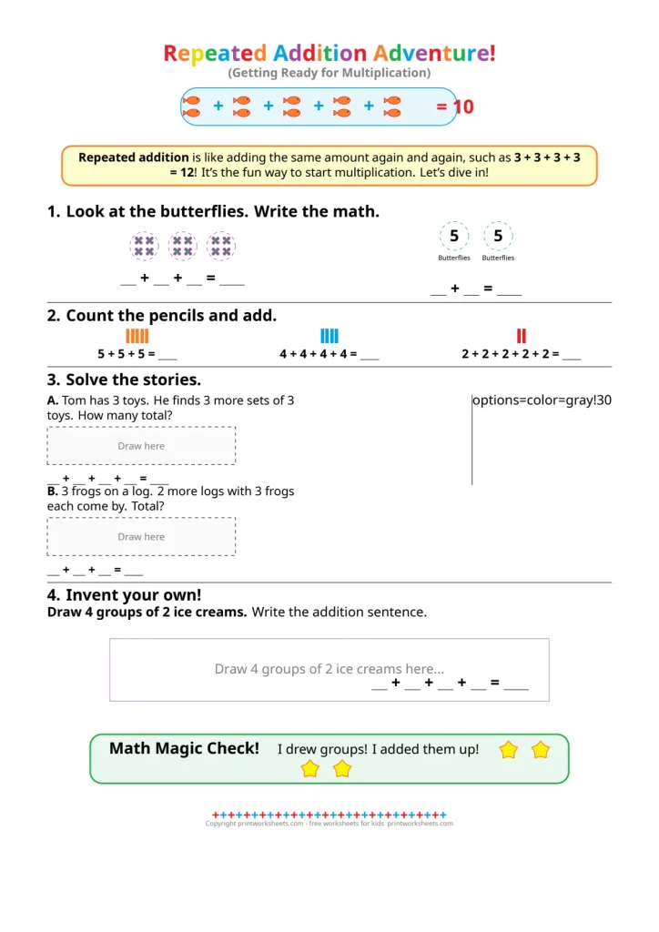 Repeated addition worksheet with butterflies and pencils for grade 2