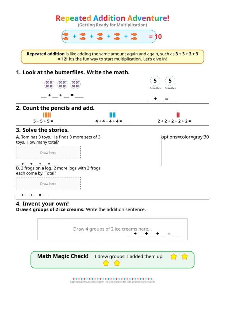 Multiplication as Repeated Addition Worksheets Grade 2 PDF Repeated addition worksheet with butterflies and pencils for grade 2