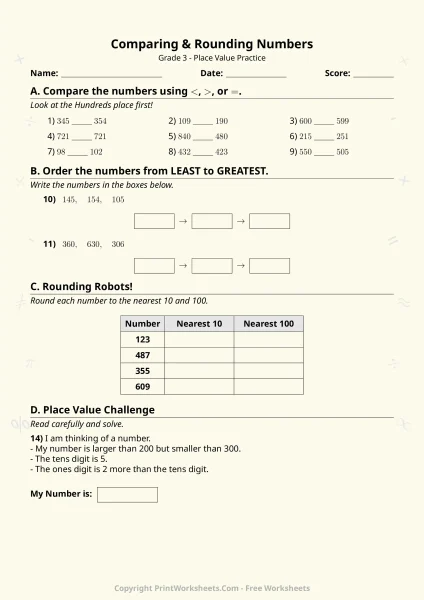 3rd Grade Place Value Worksheets (Comparing & Rounding Numbers)