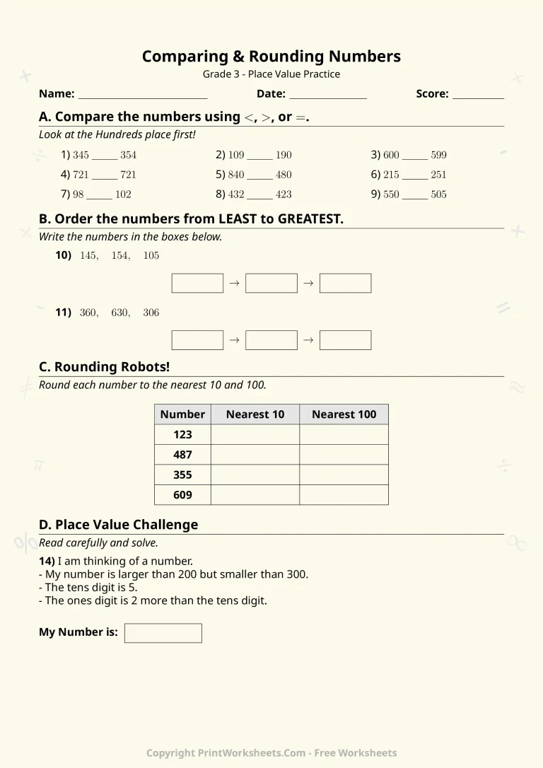Grade 3 math worksheet comparing numbers and rounding practice