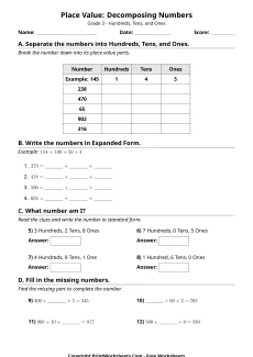 Place Value Worksheets Worksheet - Place Value Worksheet Grade 3 PDF – Decomposing Numbers & Expanded Form | Free Printable