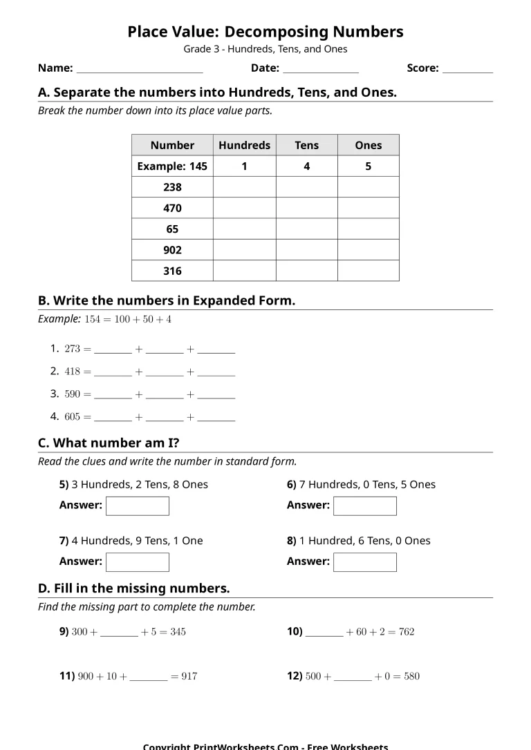 place value worksheet grade 3 pdf