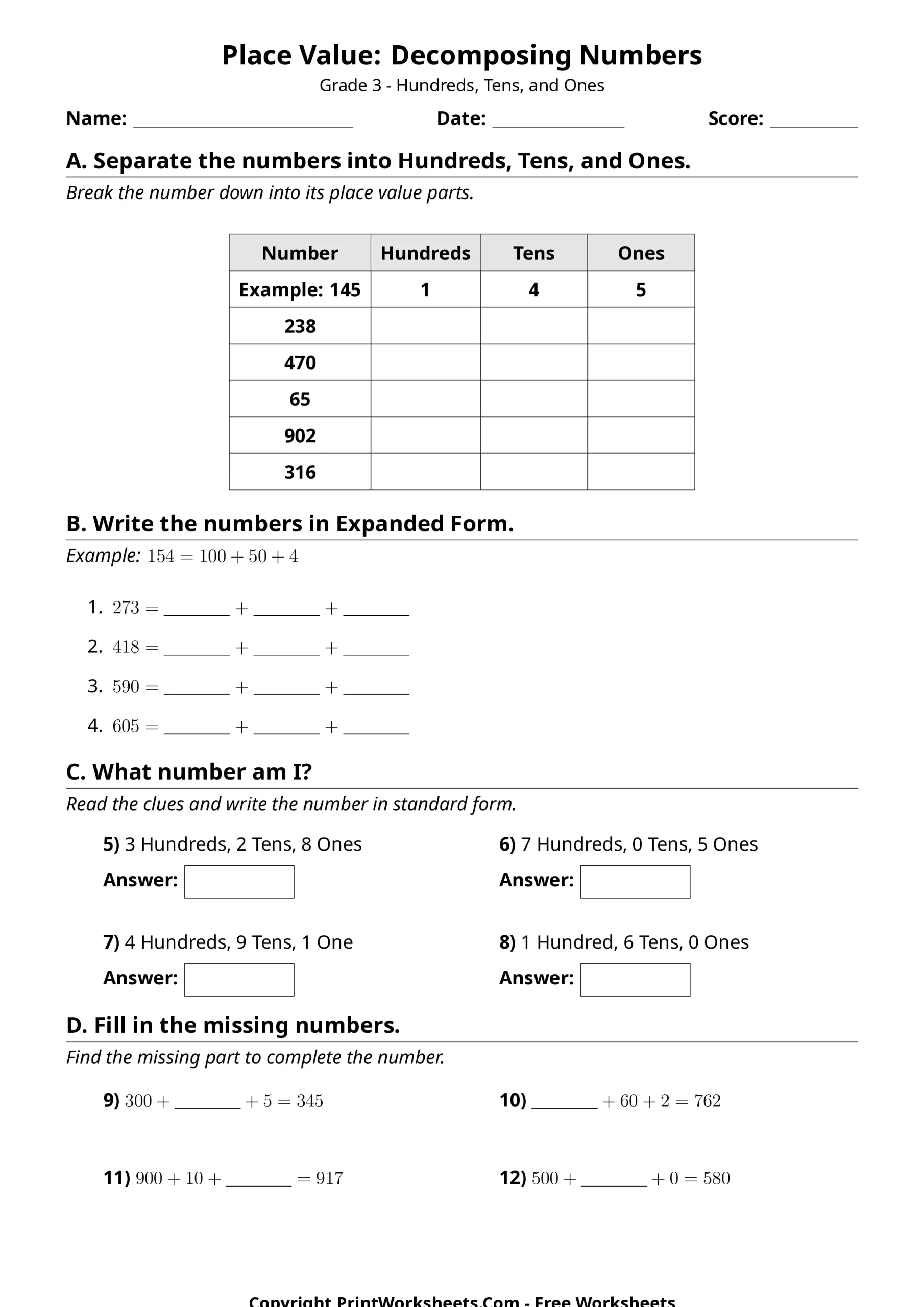 Place Value Worksheets Worksheet - Place Value Worksheet Grade 3 PDF – Decomposing Numbers & Expanded Form | Free Printable
