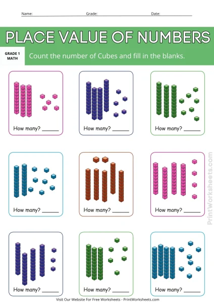 1st Grade Value of Numbers Worksheets (Count Cubes Practice)