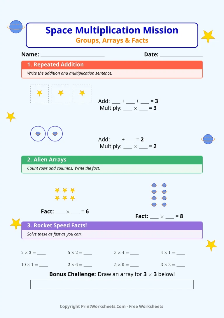 Grade 2 multiplication worksheet with space theme showing arrays and groups