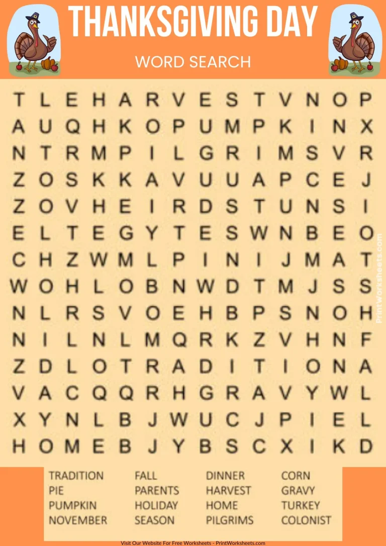 Thanksgiving word search with turkeys and harvest theme