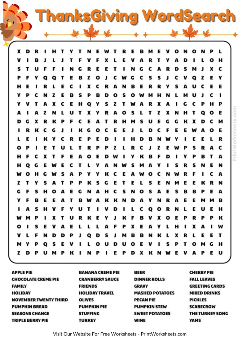 Thanksgiving word search for kids with turkey and leaves