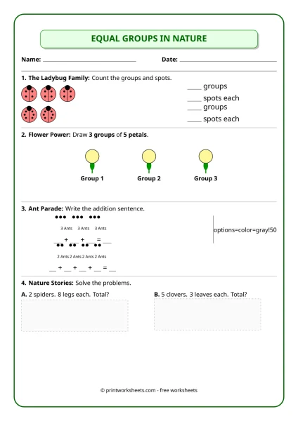 2nd Grade Equal Groups Multiplication Worksheets (Nature Theme)