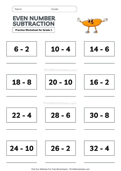 2nd Grade Even Number Subtraction Worksheets (Free Printable)