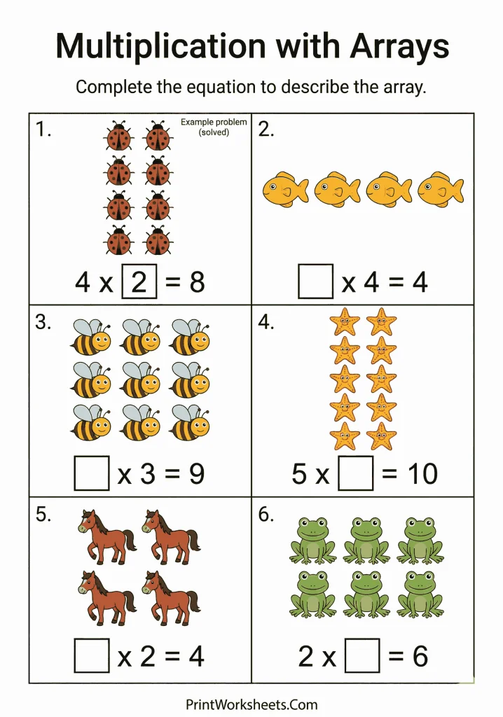 2nd Grade Array Multiplication Worksheets (Ladybugs, Fish & Bees)