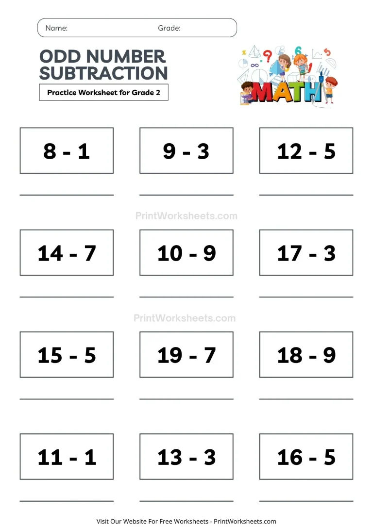 odd number subtraction worksheet grade 2