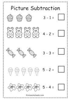 Subtraction Worksheets Worksheet - Picture Subtraction for Kindergarten – Sweet Treats & Fun Objects (Free Printable) | Free Printable