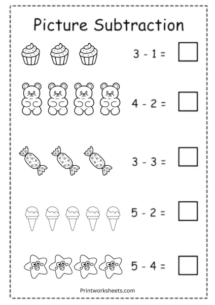 Picture Subtraction for Kindergarten – Sweet Treats & Fun Objects (Free Printable)